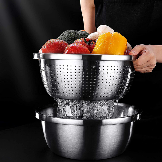 طقم مصفاة وحوض من الفولاذ المقاوم للصدأ (قطعتان)