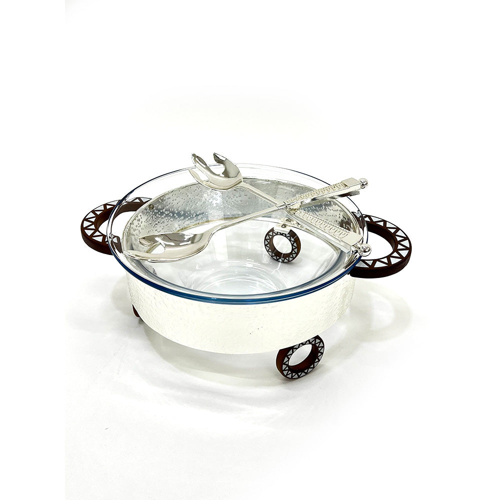 وعاء سلطة دائري مع حامل وملعقتين للتقديم