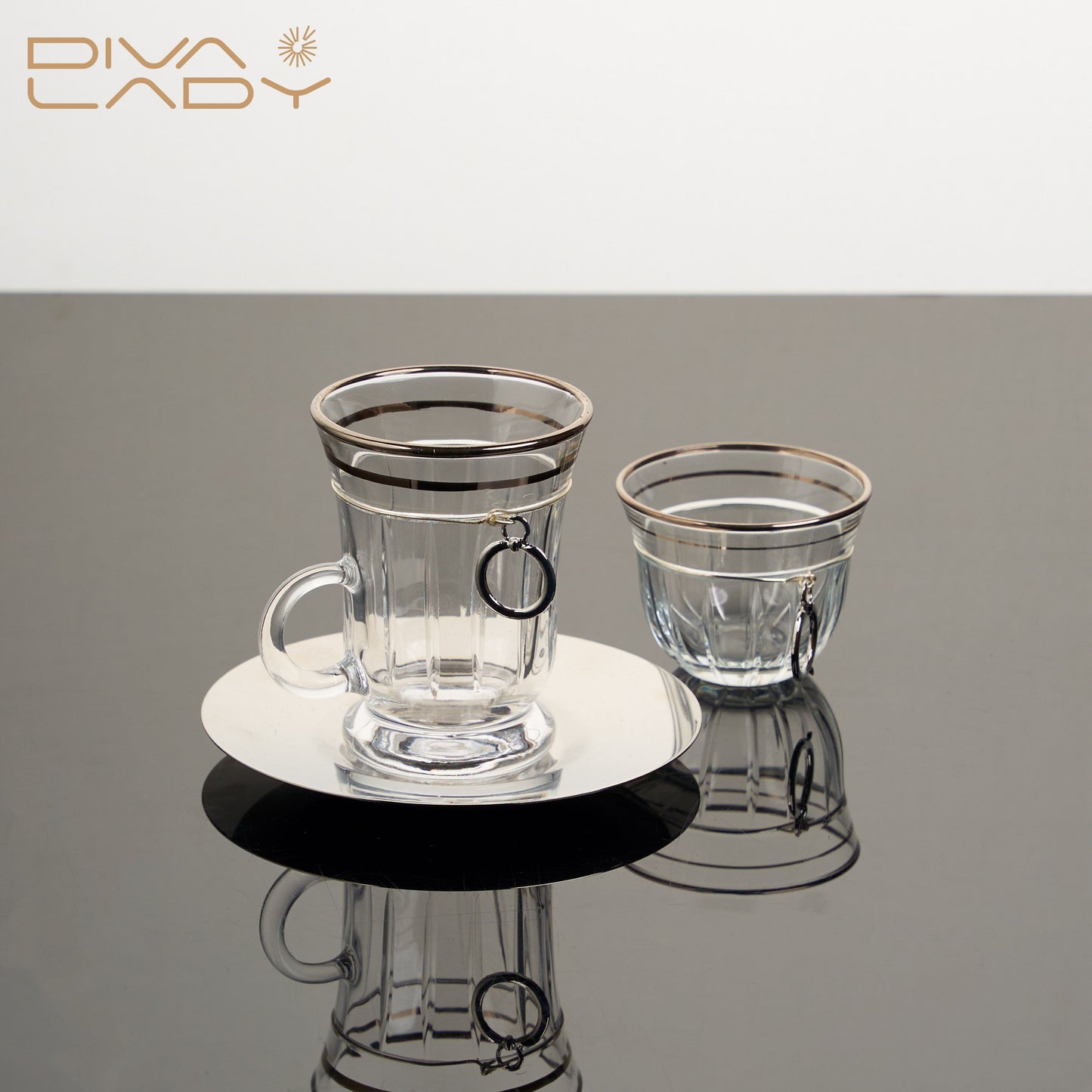 طقم استكانه و فنجان ١٨ قطعة فضي مع حلقة