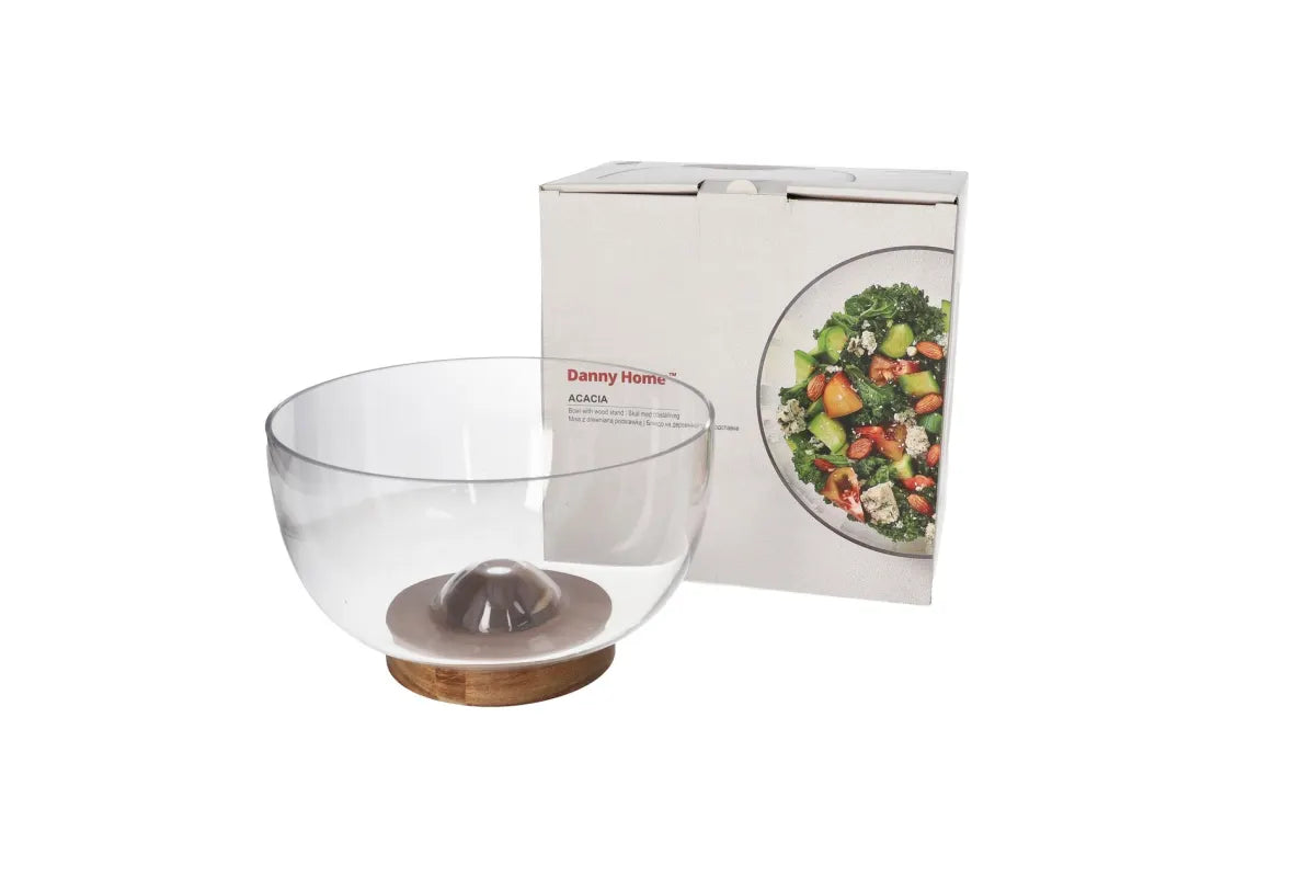 وعاء زجاجي مع صينية خشبية