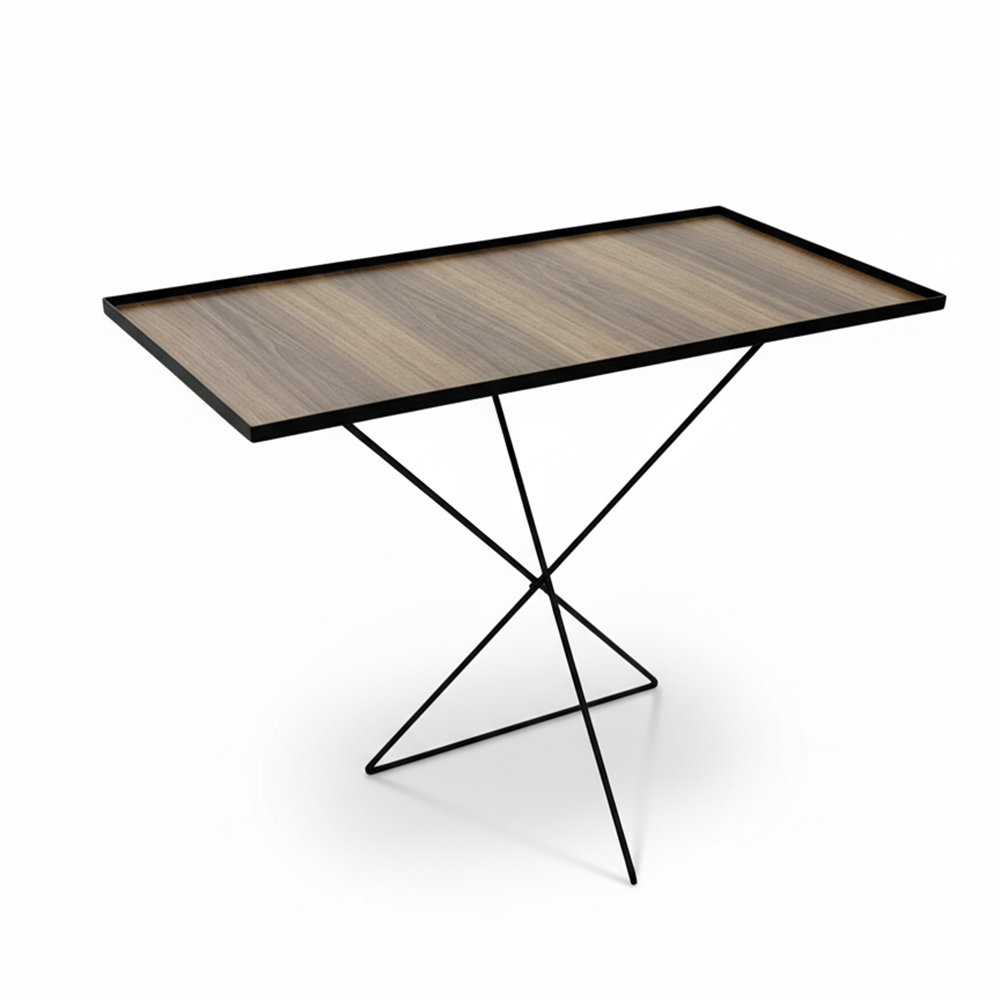 طاولة حديثة بتصميم معدني وسطح خشبي أنيق