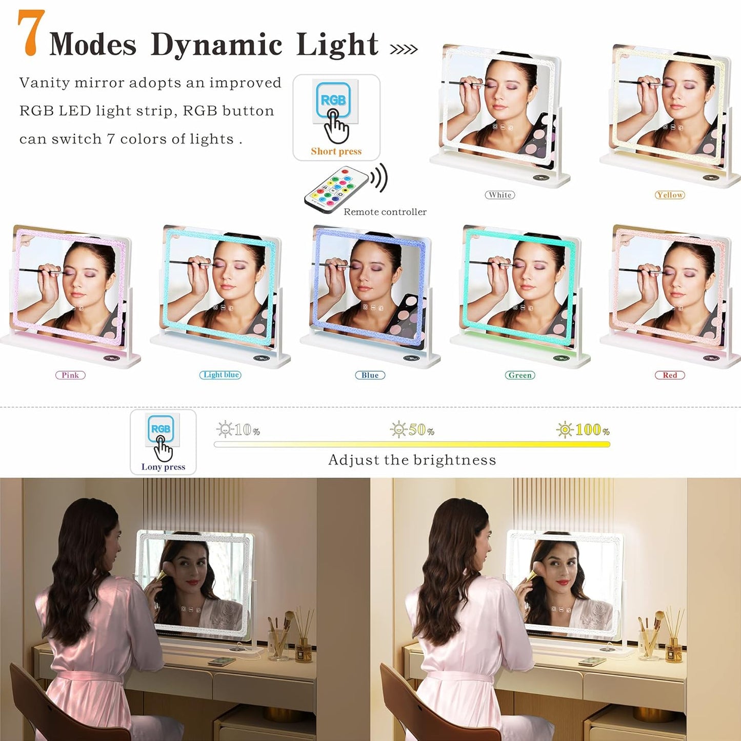 مرآة مكياج LED RGB مع 7 أوضاع قابلة للتعتيم Alkuwaity Al Awal