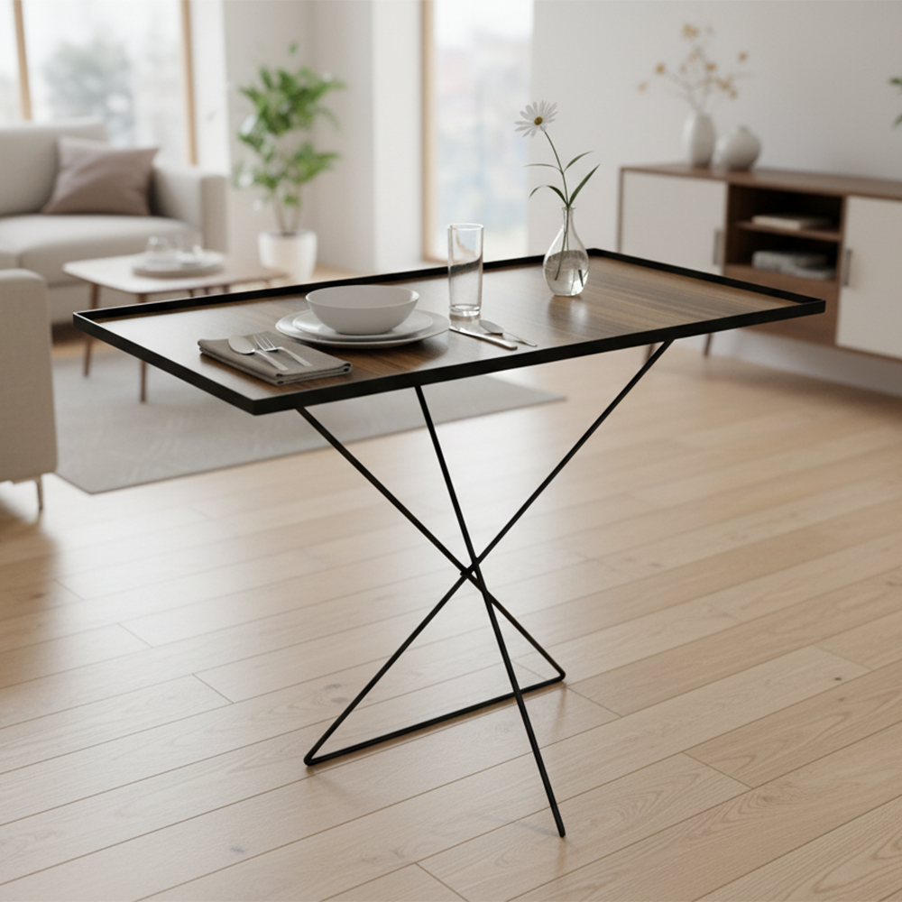 طاولة حديثة بتصميم معدني وسطح خشبي أنيق