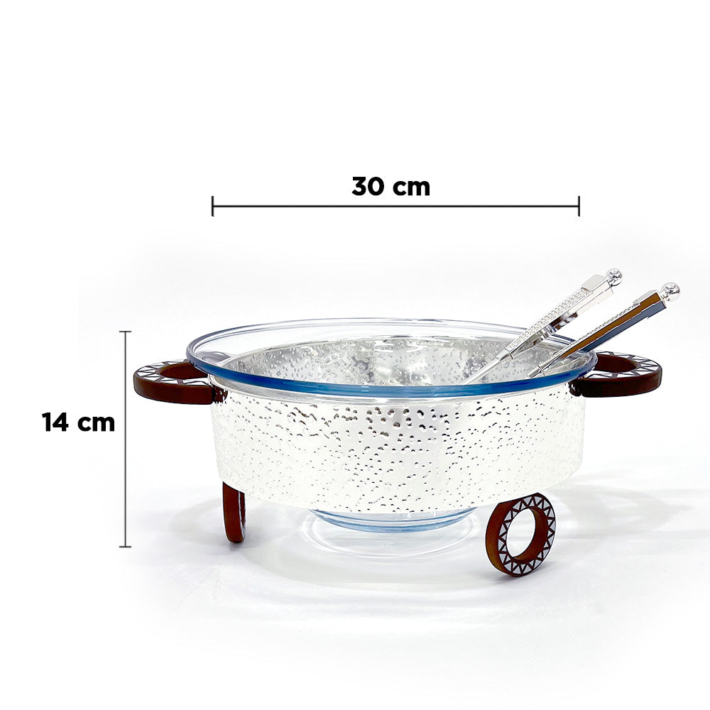 وعاء سلطة دائري مع حامل وملعقتين للتقديم