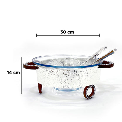 وعاء سلطة دائري مع حامل وملعقتين للتقديم