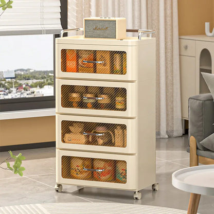 طاولة جانبية بلاستيكية حديثة باللون البني مع أبواب شفافة ودرج بلاستيكي مرن