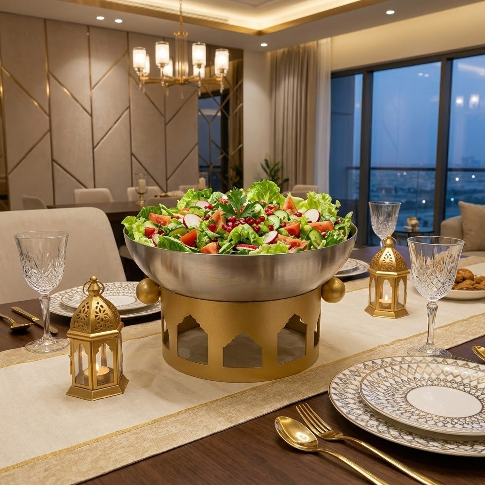 وعاء سلطة من الفولاذ المقاوم للصدأ مع حامل مزخرف