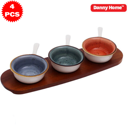 طقم تقديم ملون مع قاعدة خشبية