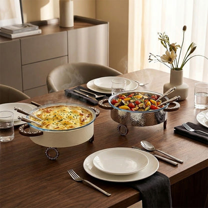 وعاء سلطة دائري مع حامل وملعقتين للتقديم