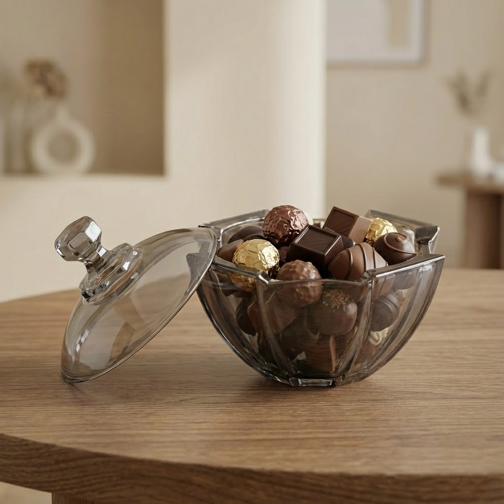 وعاء تقديم زجاجي أنيق بغطاء شفاف
