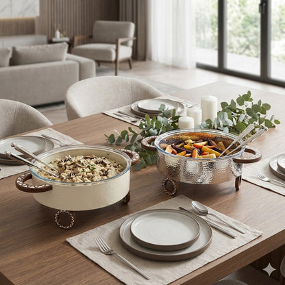 وعاء سلطة دائري مع حامل وملعقتين للتقديم