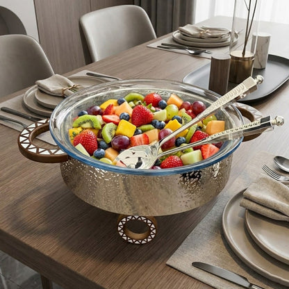 وعاء سلطة دائري مع حامل وملعقتين للتقديم