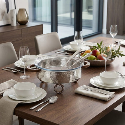 وعاء سلطة دائري مع حامل وملعقتين للتقديم