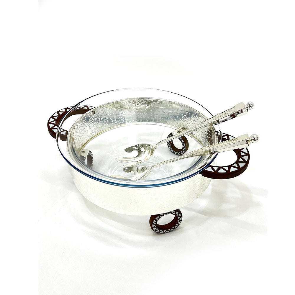 وعاء سلطة دائري مع حامل وملعقتين للتقديم