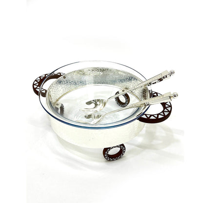 وعاء سلطة دائري مع حامل وملعقتين للتقديم