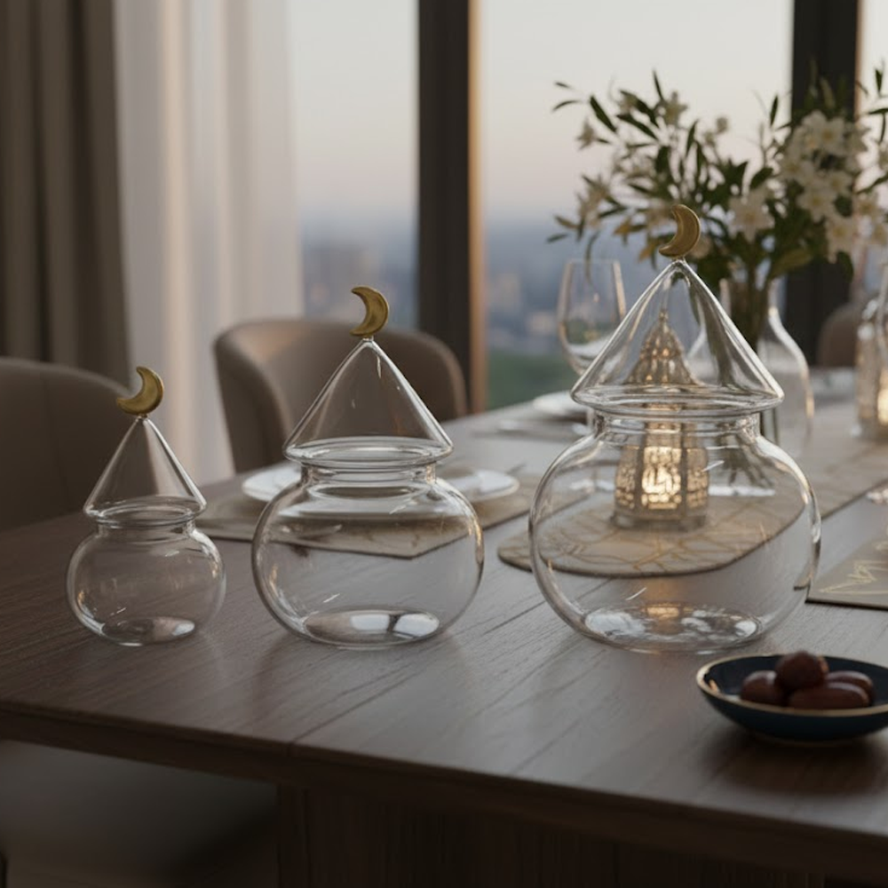 غرشة ضيافة زجاجية بغطاء هلال