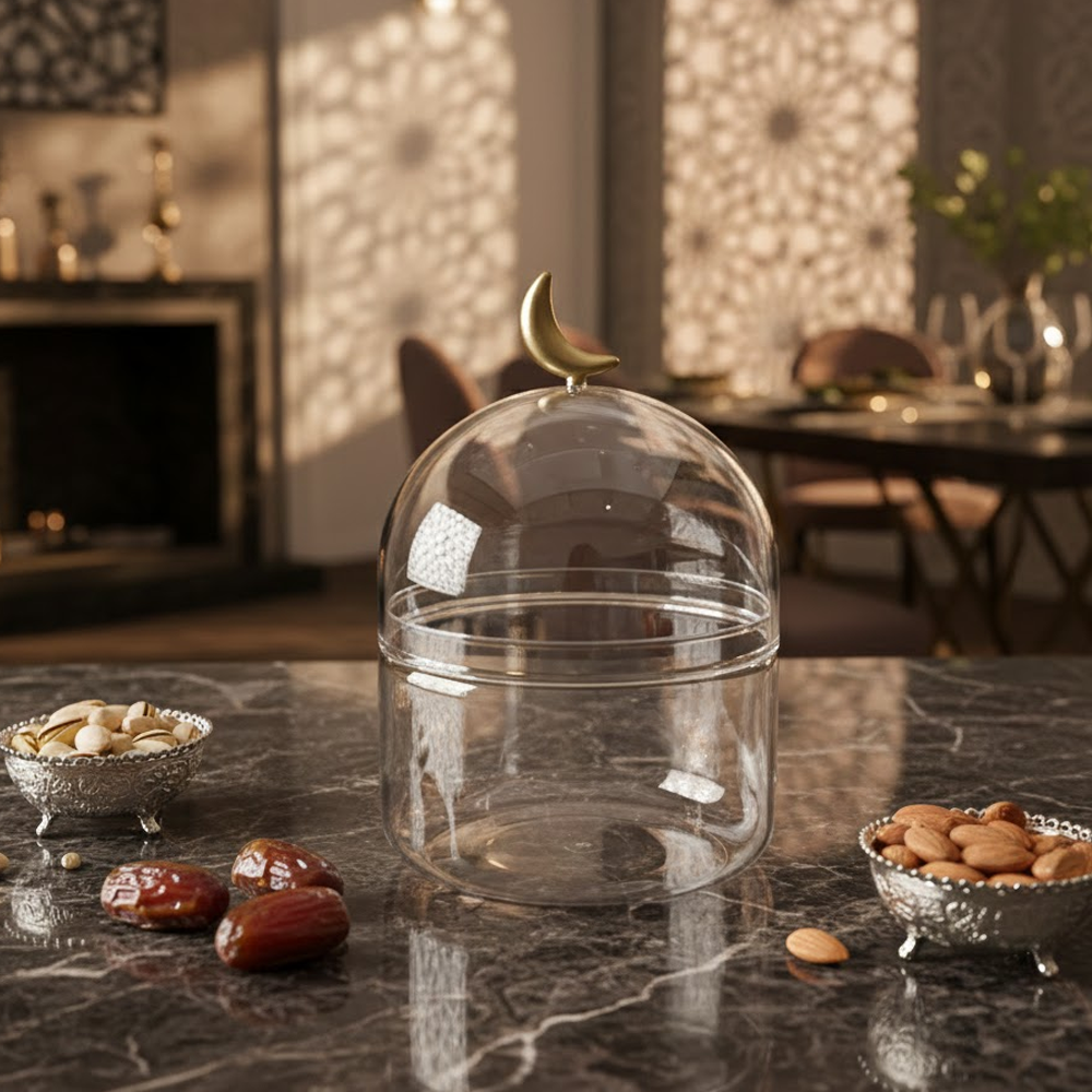 غرشة ضيافة زجاجية بغطاء هلال