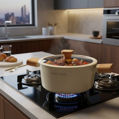 قدر طهي ومقابض خشبية