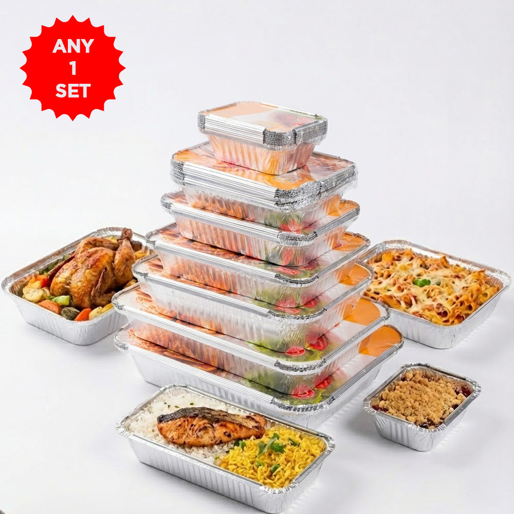 مجموعة علب طعام من رقائق الألومنيوم مع أغطية