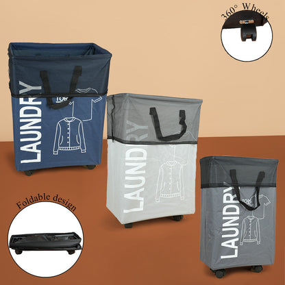 سلة غسيل قابلة للطي مع مقبض وعجلات، موديل: 2