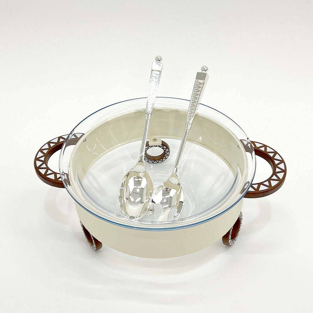 وعاء سلطة دائري مع حامل وملعقتين للتقديم