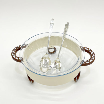 وعاء سلطة دائري مع حامل وملعقتين للتقديم