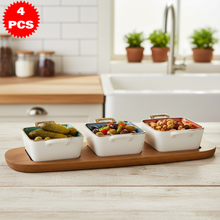 طقم تقديم أوعية بحامل وصينية خشبية