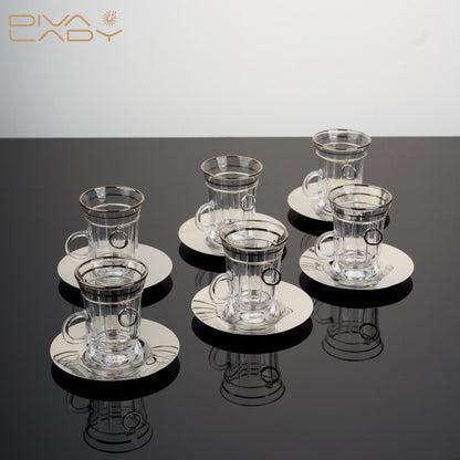 طقم استكانه و فنجان ١٨ قطعة فضي مع حلقة