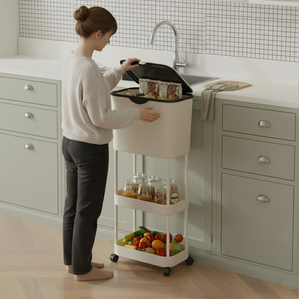 سلة قمامة مع رفين للتخزين