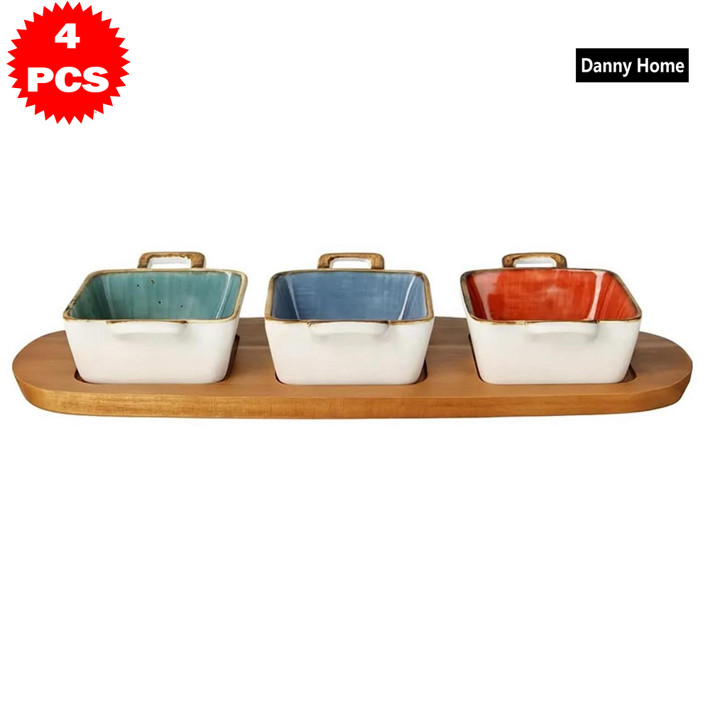 طقم تقديم أوعية بحامل وصينية خشبية