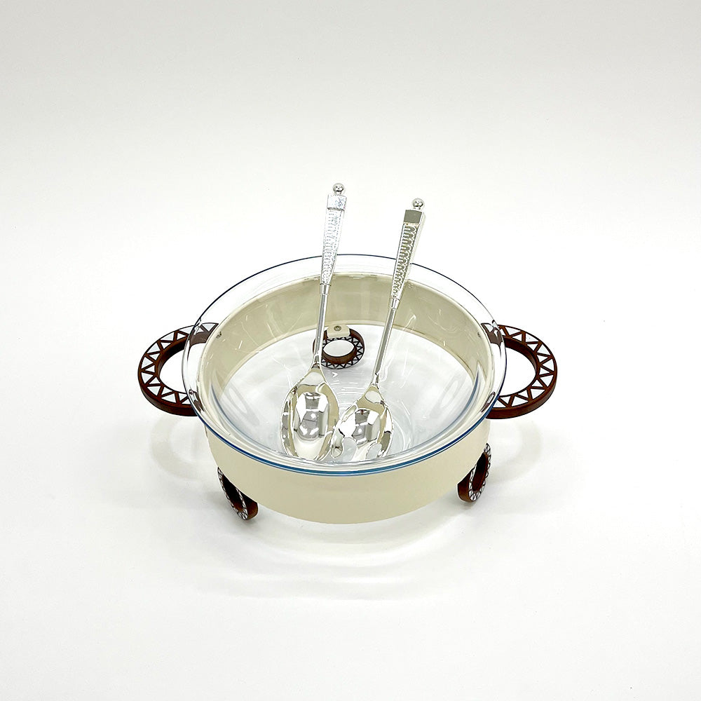 وعاء سلطة دائري مع حامل وملعقتين للتقديم