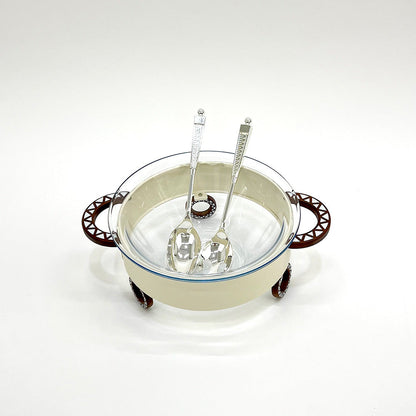 وعاء سلطة دائري مع حامل وملعقتين للتقديم