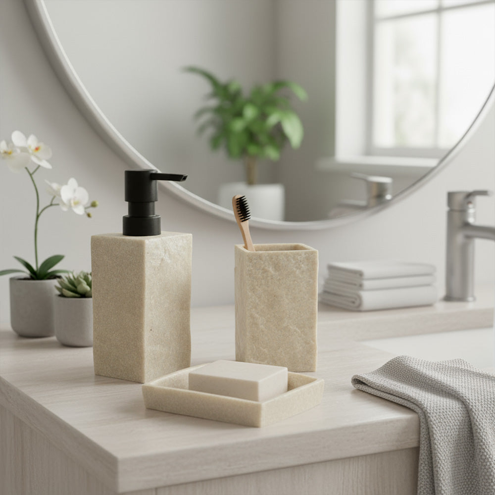 مجموعة إكسسوارات الحمام المزخرفة بالحجر