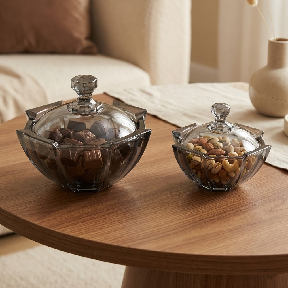 وعاء تقديم زجاجي أنيق بغطاء شفاف