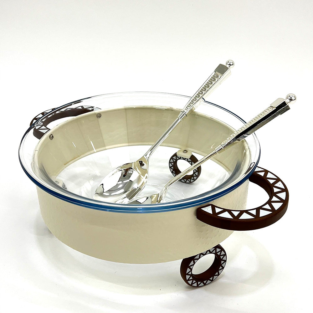 وعاء سلطة دائري مع حامل وملعقتين للتقديم