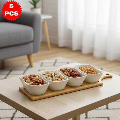 طقم تقديم سيراميك متمايل مع قاعدة خشب