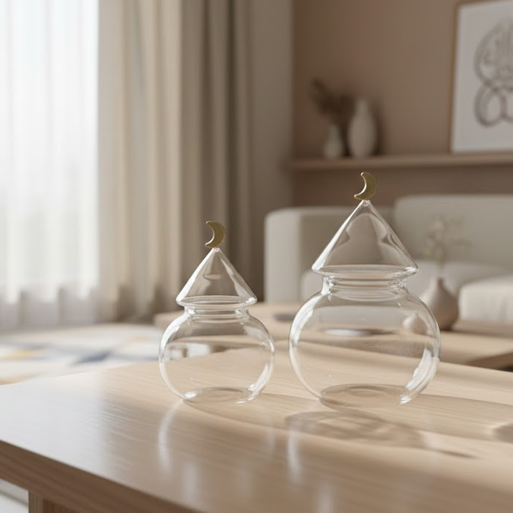 غرشة ضيافة زجاجية بغطاء هلال