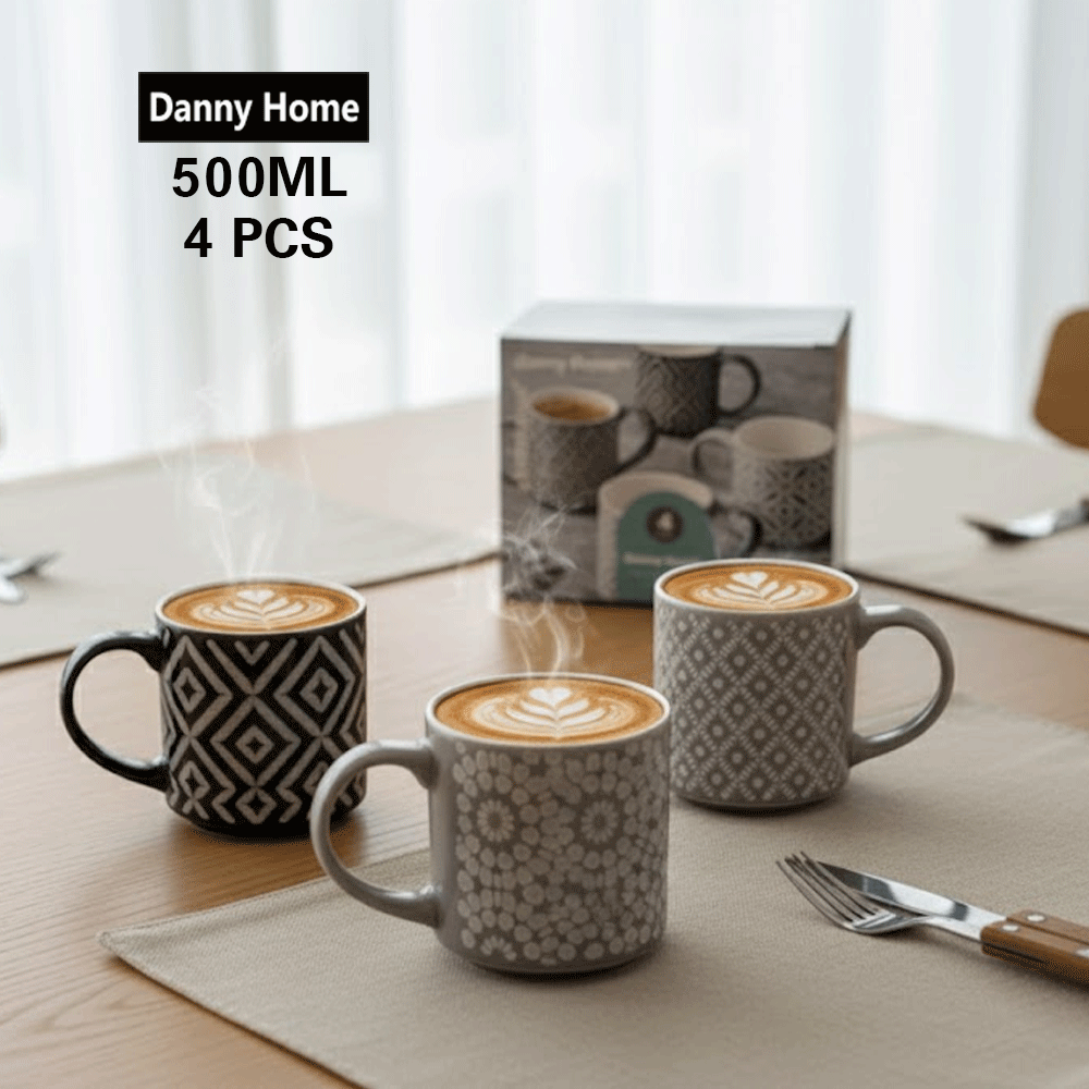 طقم أكواب بورسلين مطبوعة ٤ قطع ٥٠٠ مل