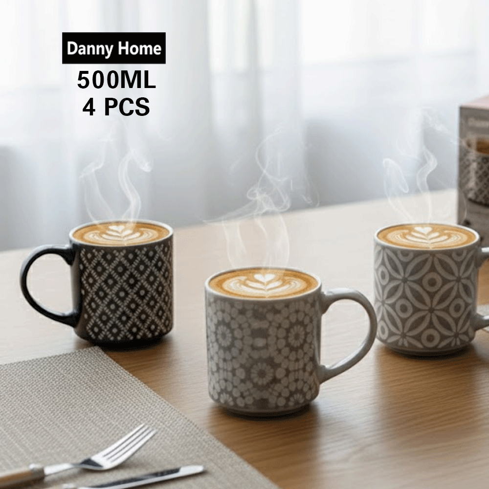 طقم أكواب بورسلين مطبوعة ٤ قطع ٥٠٠ مل