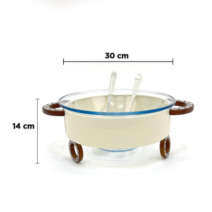 وعاء سلطة دائري مع حامل وملعقتين للتقديم