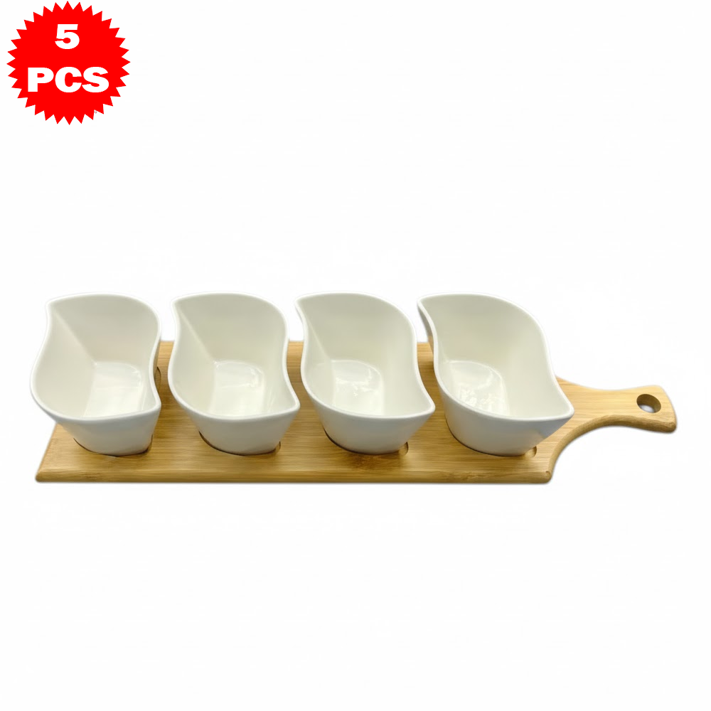 طقم تقديم سيراميك متمايل مع قاعدة خشب