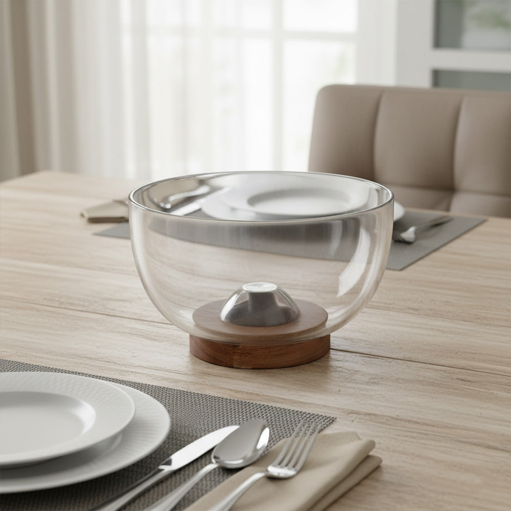 وعاء زجاجي مع صينية خشبية