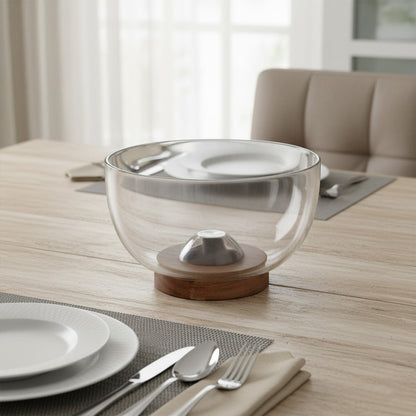 وعاء زجاجي مع صينية خشبية