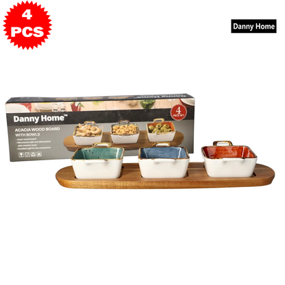 طقم تقديم أوعية بحامل وصينية خشبية