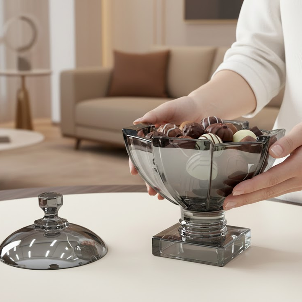 وعاء تقديم زجاجي فاخر بقاعدة وغطاء