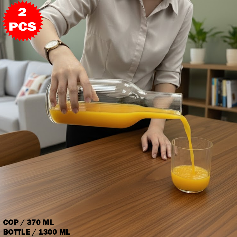 طقم قارورة وكوب زجاجي شفاف