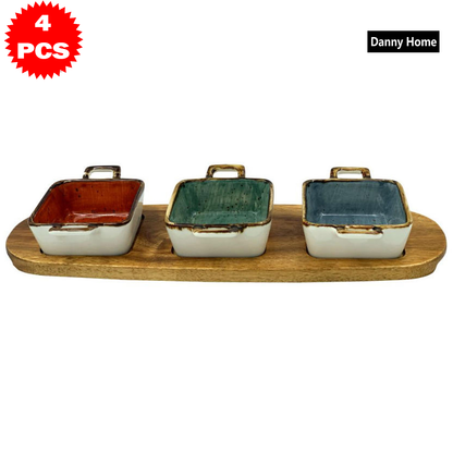 طقم تقديم أوعية بحامل وصينية خشبية