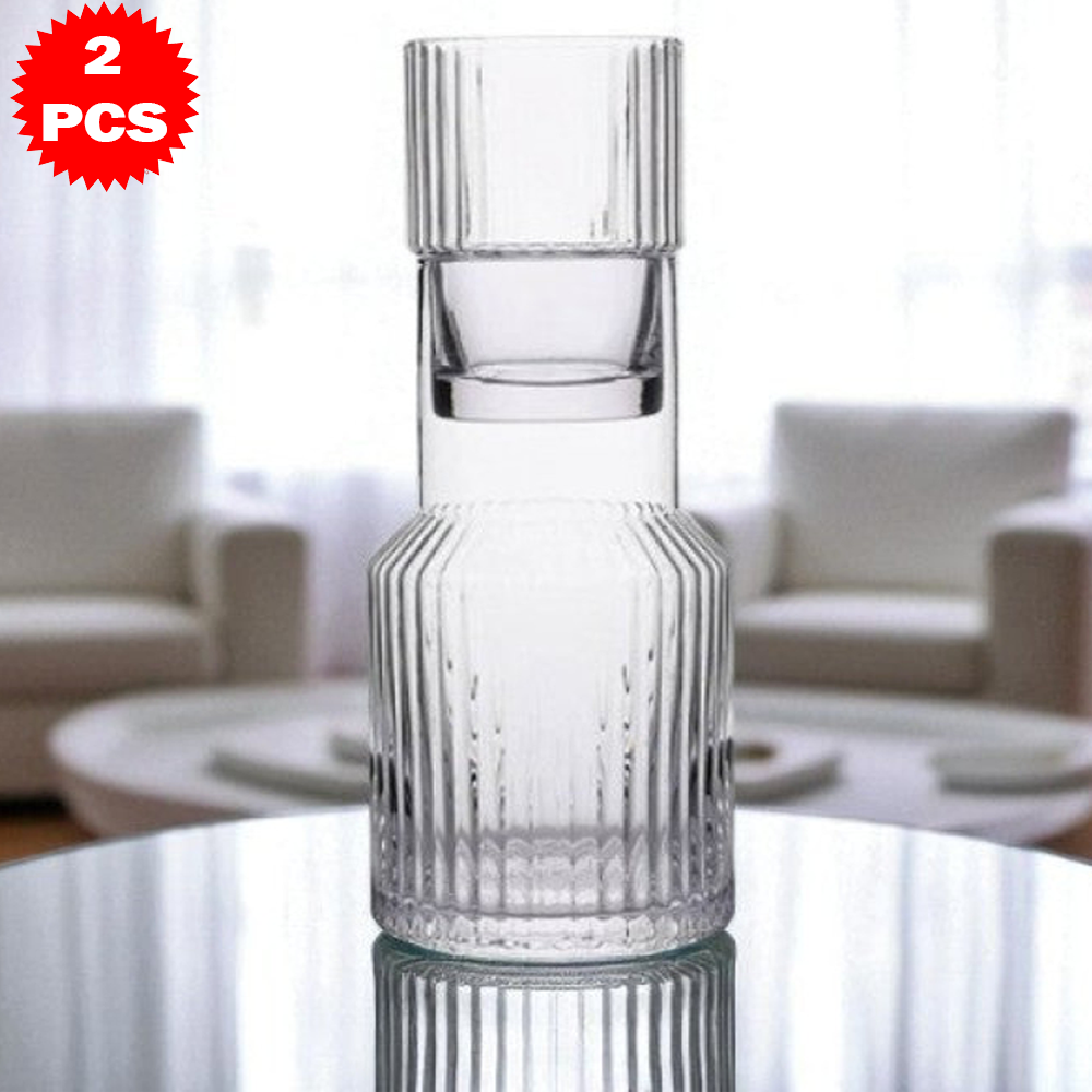 طقم قارورة وكوب زجاجي محزز