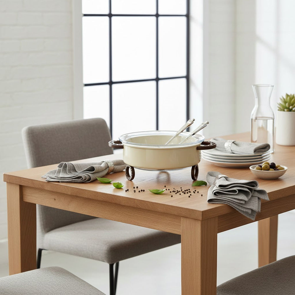 وعاء سلطة دائري مع حامل وملعقتين للتقديم