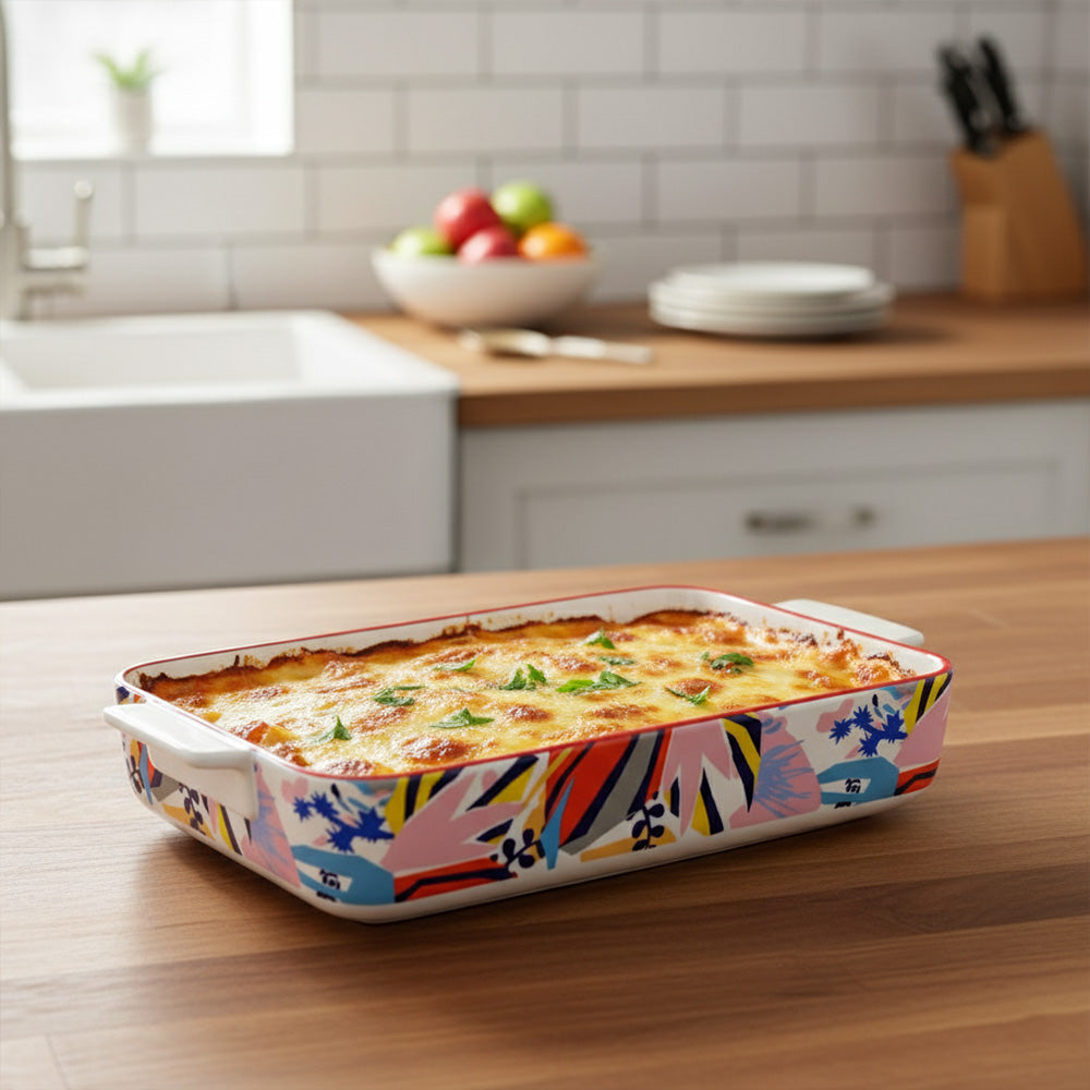 صينية سيراميك بنقش زهور ملونة